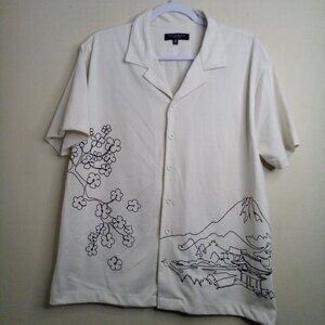 Vox Populi Shirt Men M Button Up Short Sleeve Landscape Art To Wear White Black